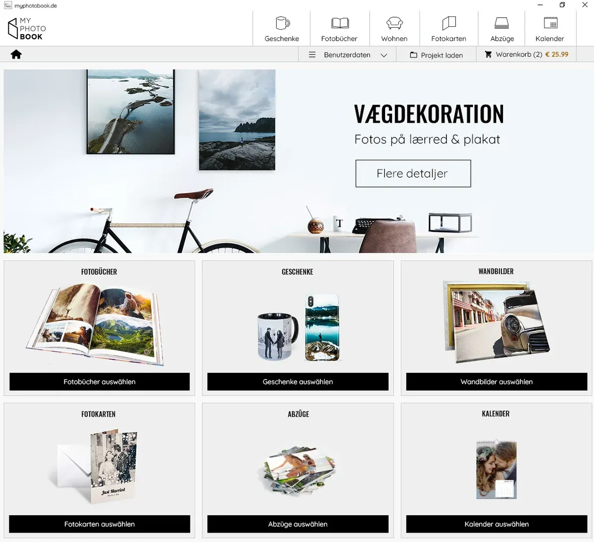 Valg af fotoprodukter i softwaren