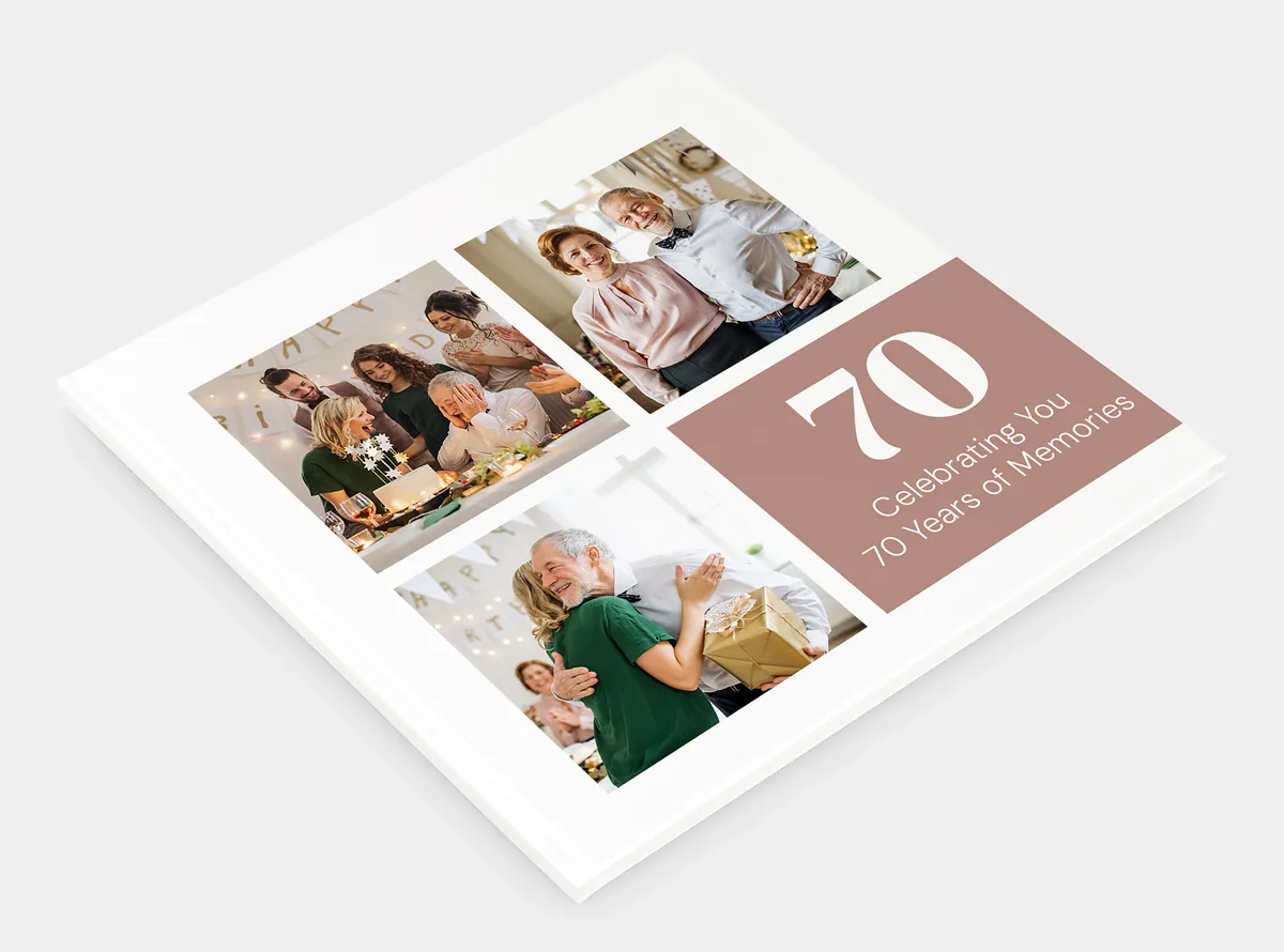 Echtfotobuch Hardcover 30x30 mit Bildern einer Familie bei einer Feier zum 70. Geburtstages des Opas auf dem Cover