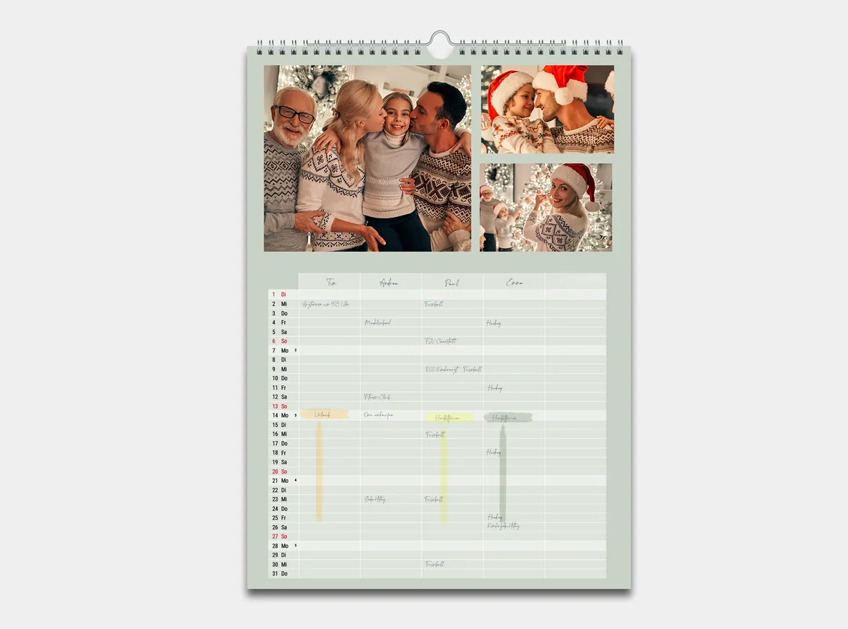 Ein Familienplaner mit persönlichem Foto, in dem jedes Familienmitglied eine eigene Spalte hat