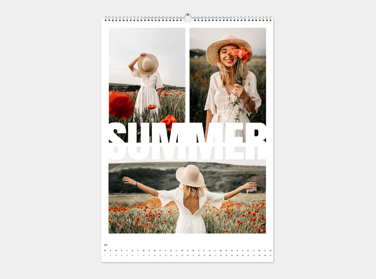 Wandkalender mit drei Bildern einer Frau in einem Mohnblumenfeld und der Überschrift Summer