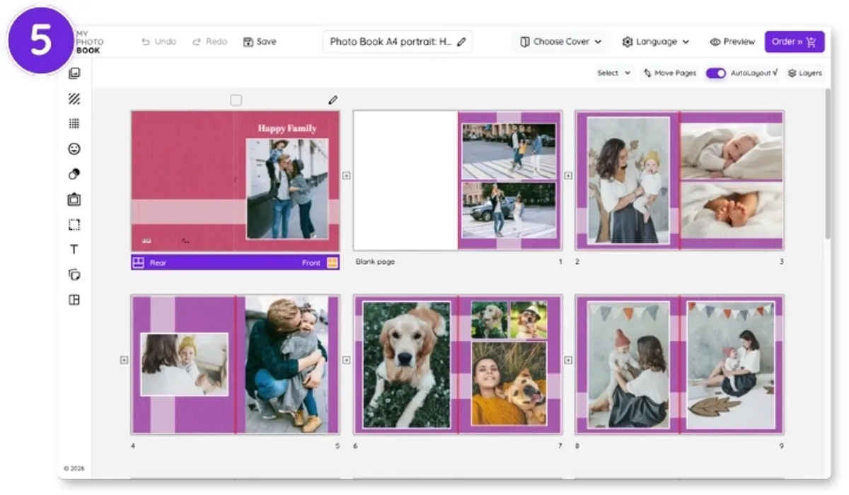 Fotobogen gennemgås i online-editoren, inden bestillingen afgives